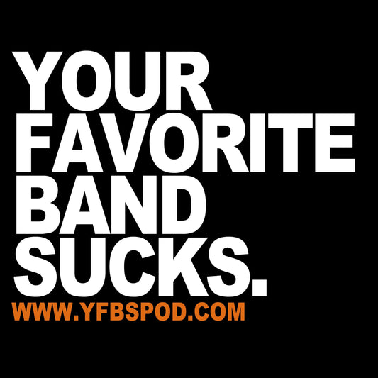 Your Favorite Band Sucks gift card, black square with the white YFBS logo lettering