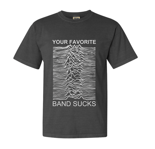 Joyless Division T-Shirt, charcoal grey t-shirt with Unknown Pleasures style pulsar wave graphic and Your Favorite Band Sucks lettering