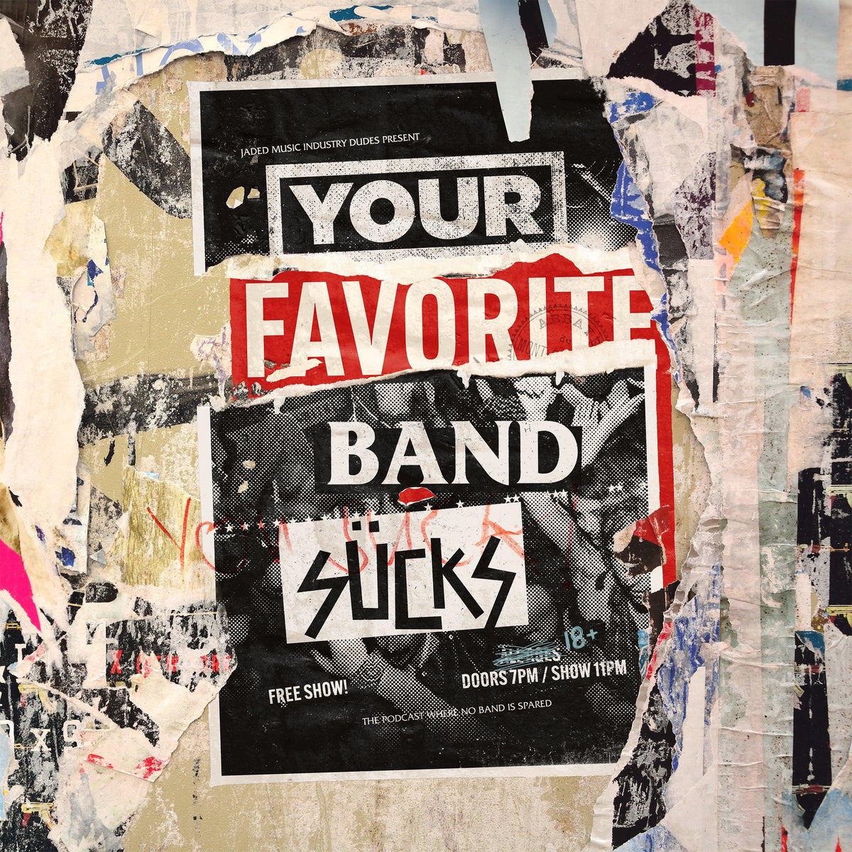 Just the TIP: tip jar for the Your Favorite Band Sucks podcast, shown with the YFBS collage logo artwork