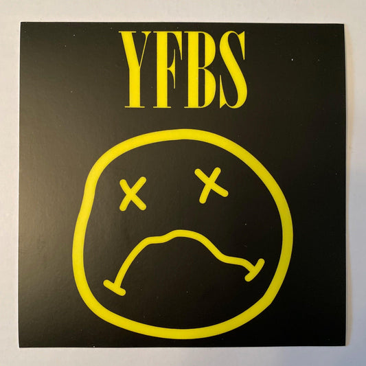 Sad Face Sticker, black 5x5 inch vinyl sticker with a yellow YFBS sad smiley face