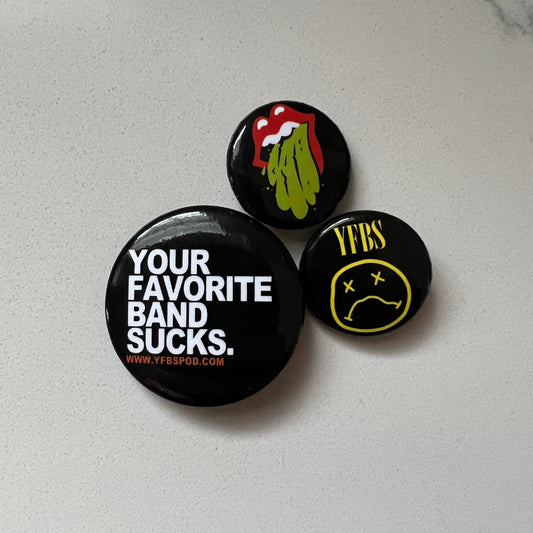 YFBS Pin Pack, three black enamel pins with Your Favorite Band Sucks logos on a white background
