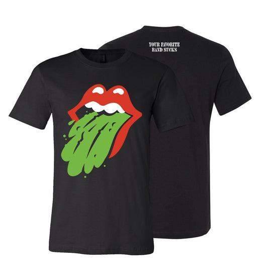 YFBS Puke Shirt, black t-shirt with the Your Favorite Band Sucks red mouth and green puke tongue graphic
