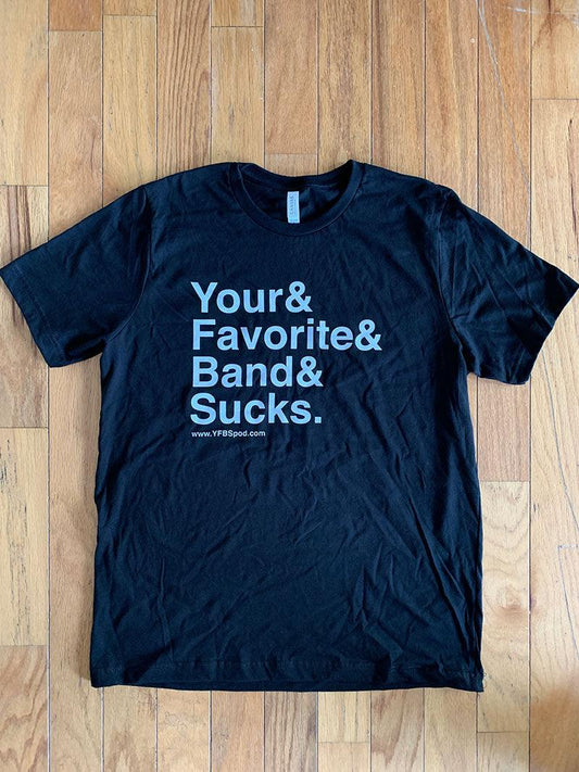 Your Favorite Band Sucks Ampersand Shirt, navy heather t-shirt laid flat on a wood floor