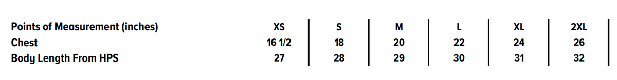 Size chart for the Ampersand Shirt: chest and body length in inches for sizes XS through 2XL