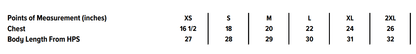 Size chart for the Ampersand Shirt: chest and body length in inches for sizes XS through 2XL